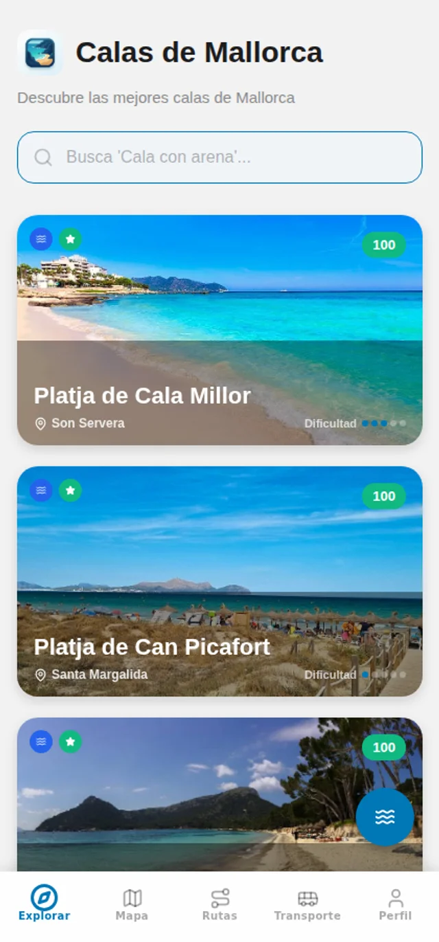 Captura real de la app Calas de Mallorca mostrando el listado de calas