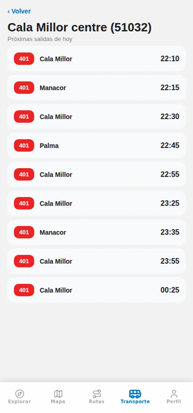 Horarios oficiales de autobús en la pestaña Transporte
