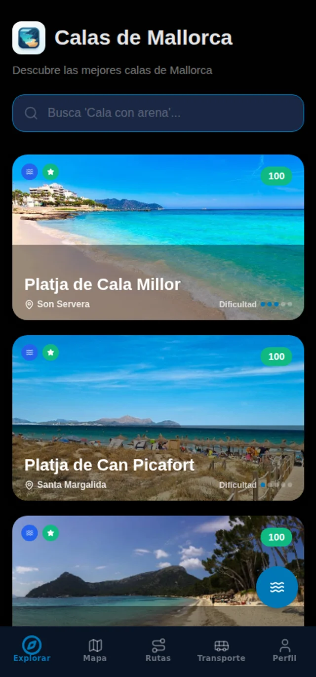 Modo oscuro de la app Calas de Mallorca